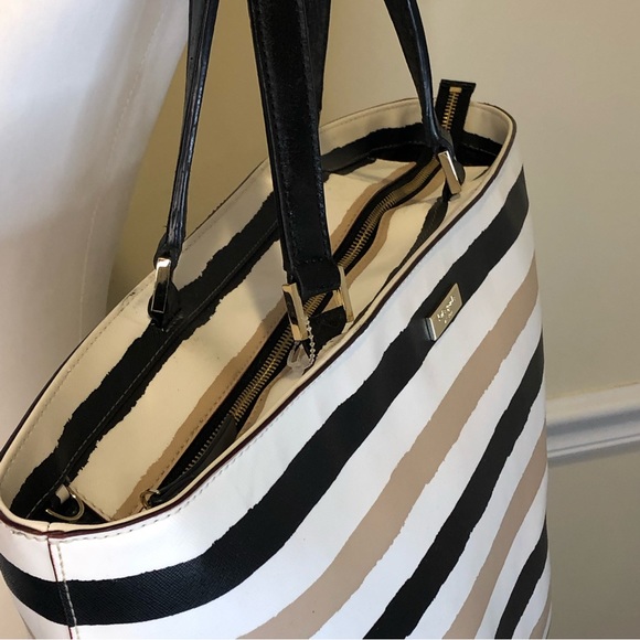 KATE SPADE Striped Zipper Top Two Handle Oversized Tote Beach Bag - Picture 3 of 8